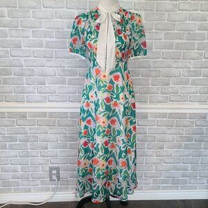 Psalter Poppy Floral Midi Dress Tie Neck Puff Sleeve Cottage Modest 36 EU 6 US